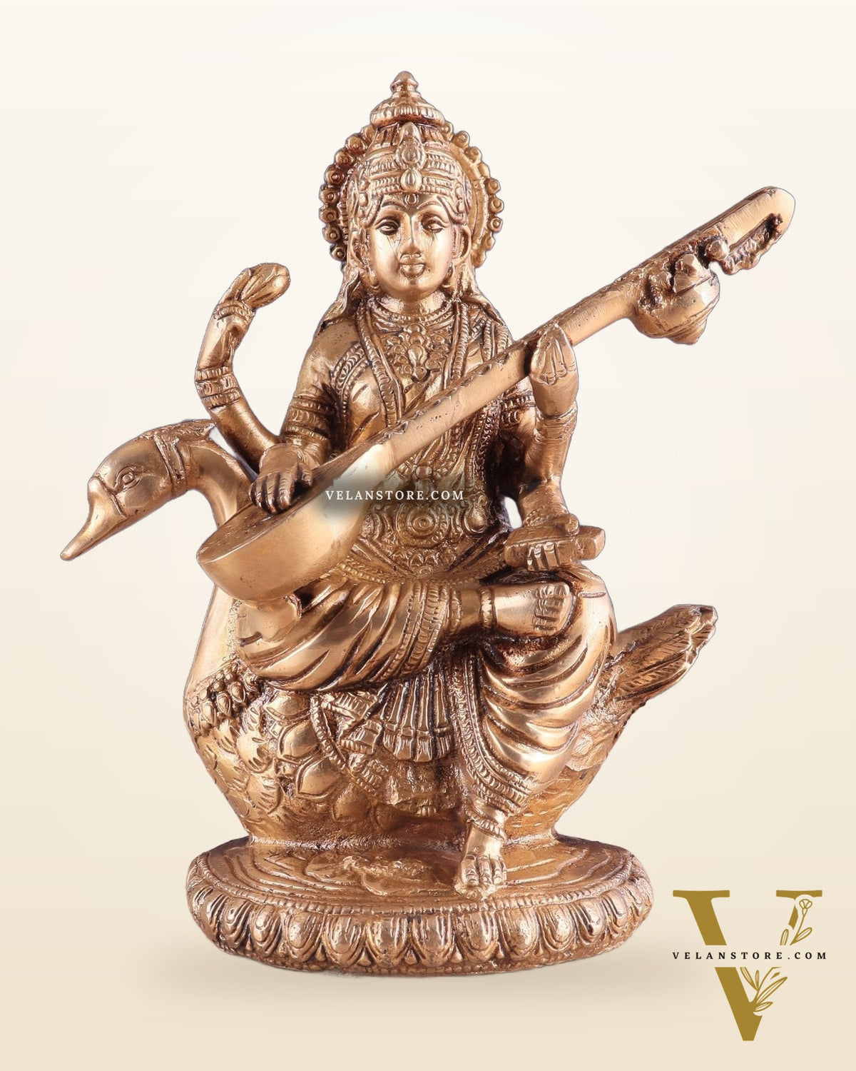 Brass Superfine Saraswati Idol - 8.5 Inch golden hues