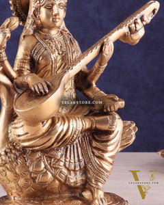 Brass Superfine Saraswati Idol - 8.5 Inch golden hues