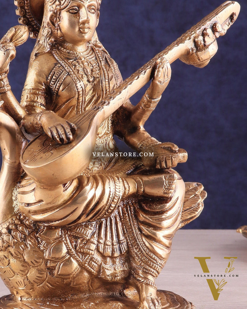 Brass Superfine Saraswati Idol - 8.5 Inch golden hues