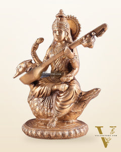 Brass Superfine Saraswati Idol - 8.5 Inch golden hues