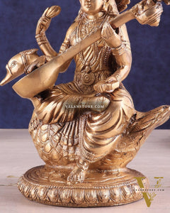 Brass Superfine Saraswati Idol - 8.5 Inch golden hues