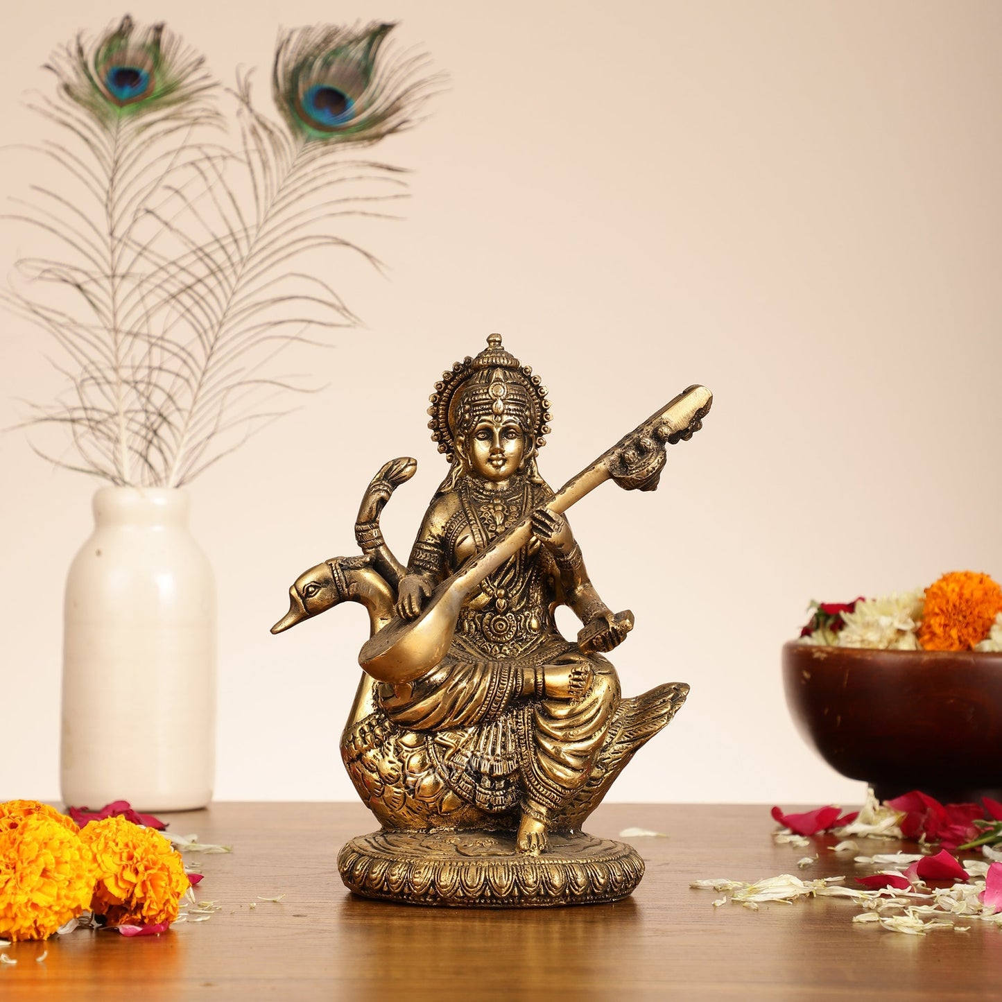 Brass Superfine Saraswati Idol - 8.5 Inch