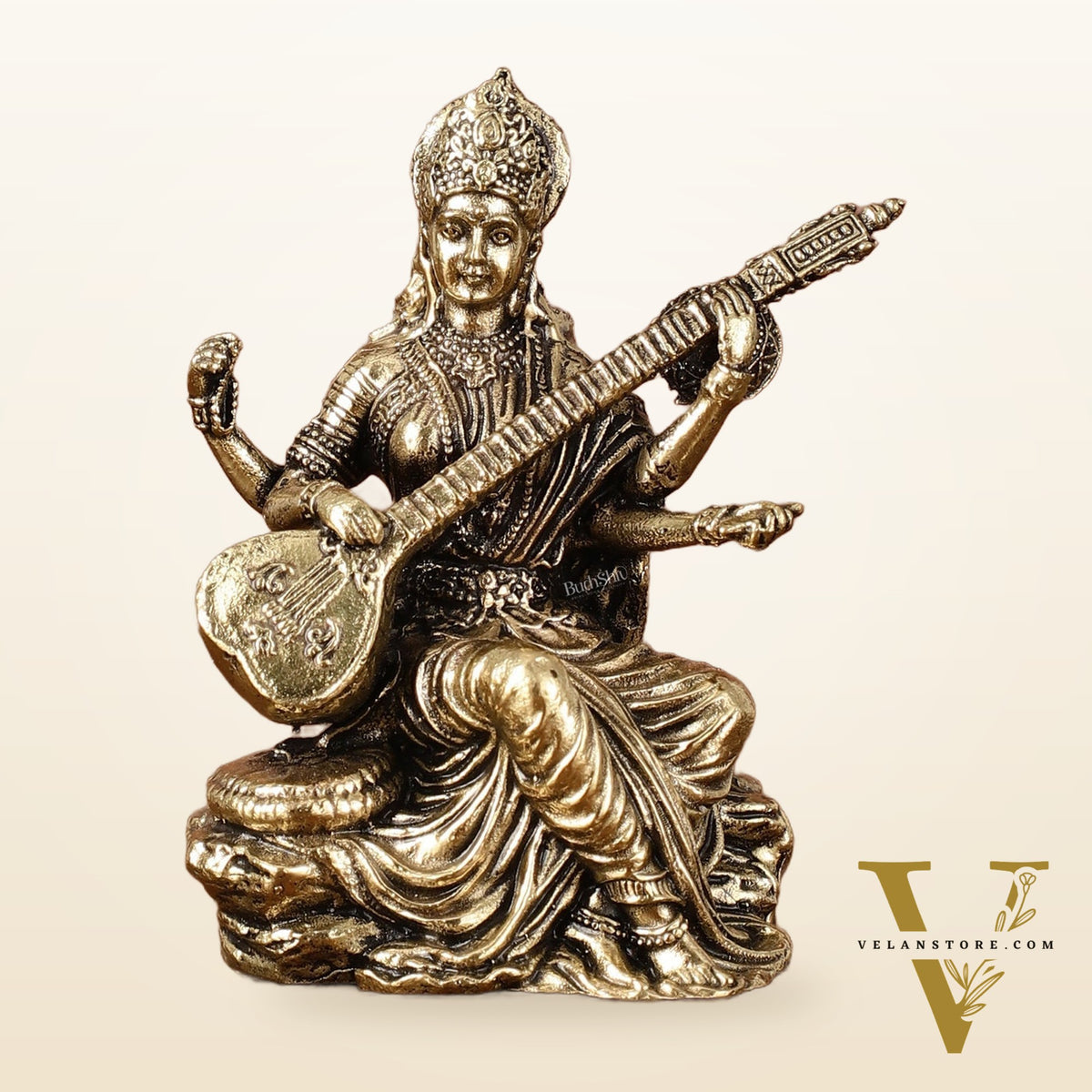Brass Superfine Saraswati Miniature Idol - 3" Tall