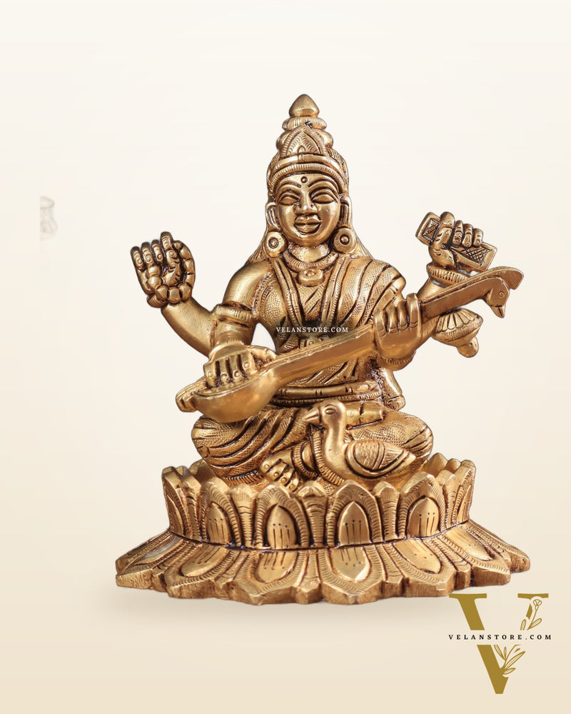 Brass Superfine Saraswati on Lotus Idol | 5.5" Height