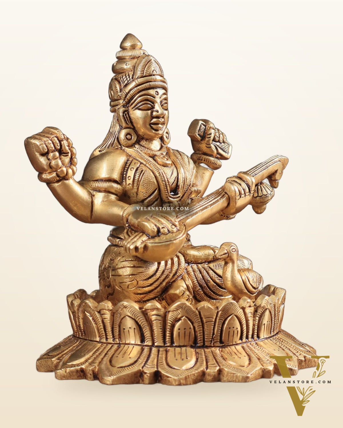 Brass Superfine Saraswati on Lotus Idol | 5.5" Height