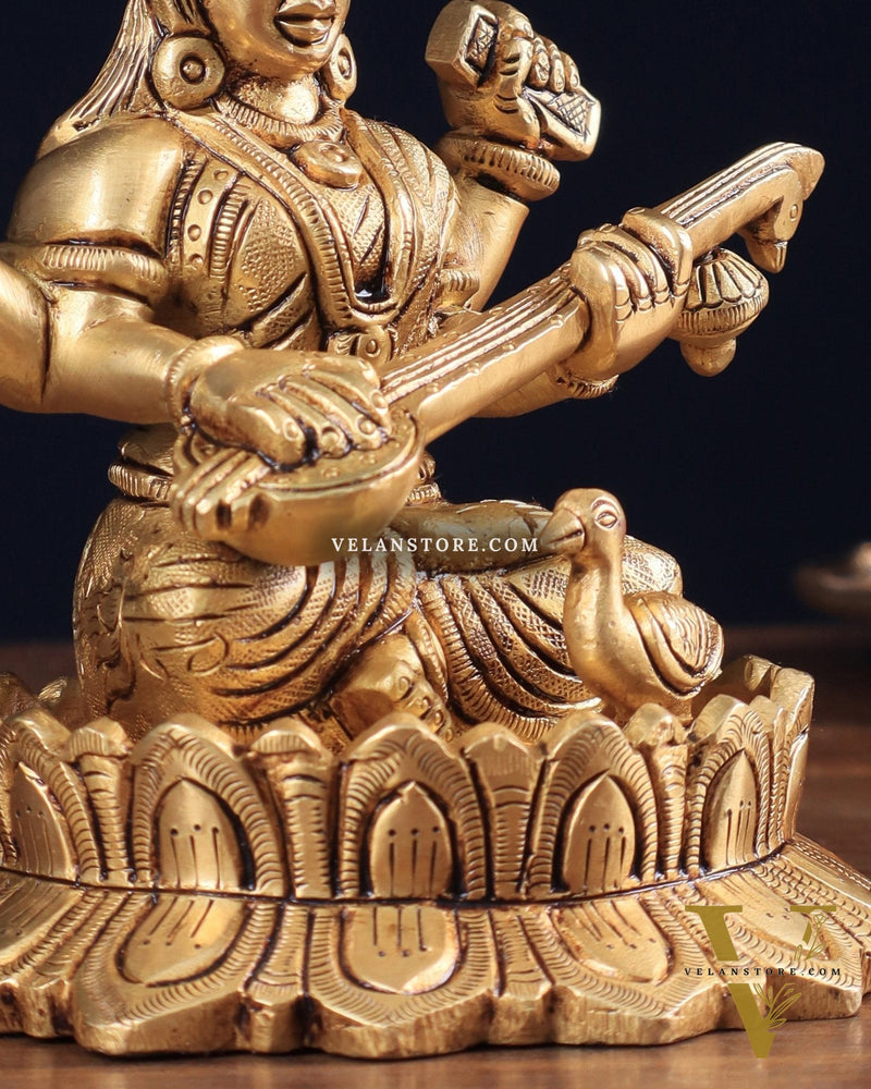 Brass Superfine Saraswati on Lotus Idol | 5.5" Height