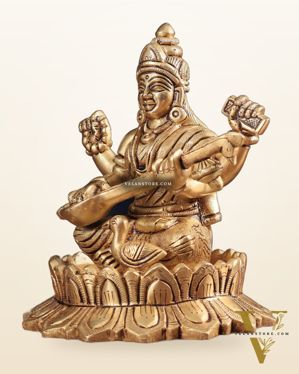Brass Superfine Saraswati on Lotus Idol | 5.5" Height