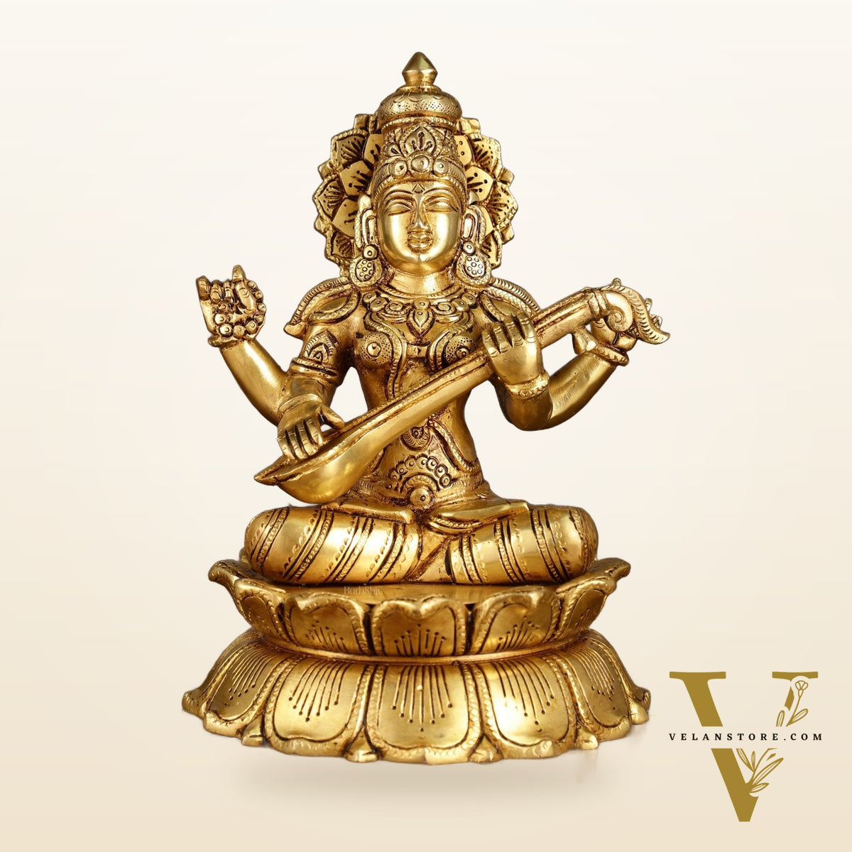 Brass Superfine Saraswati Statue on Lotus | 9 Inch