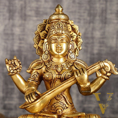 Brass Superfine Saraswati Statue on Lotus | 9 Inch