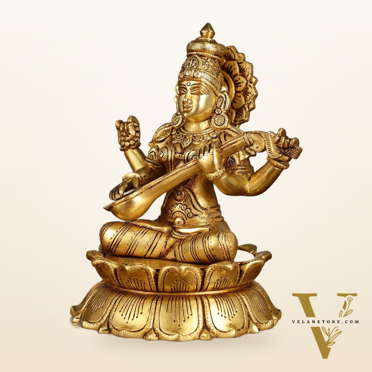 Brass Superfine Saraswati Statue on Lotus | 9 Inch