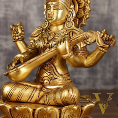 Brass Superfine Saraswati Statue on Lotus | 9 Inch