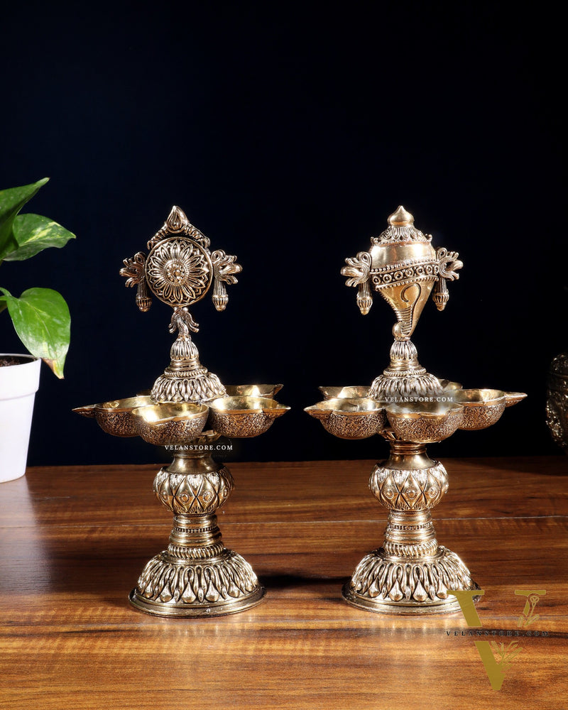 Brass Superfine Shanku Chakra Lamps – Intricately Crafted 8 inch