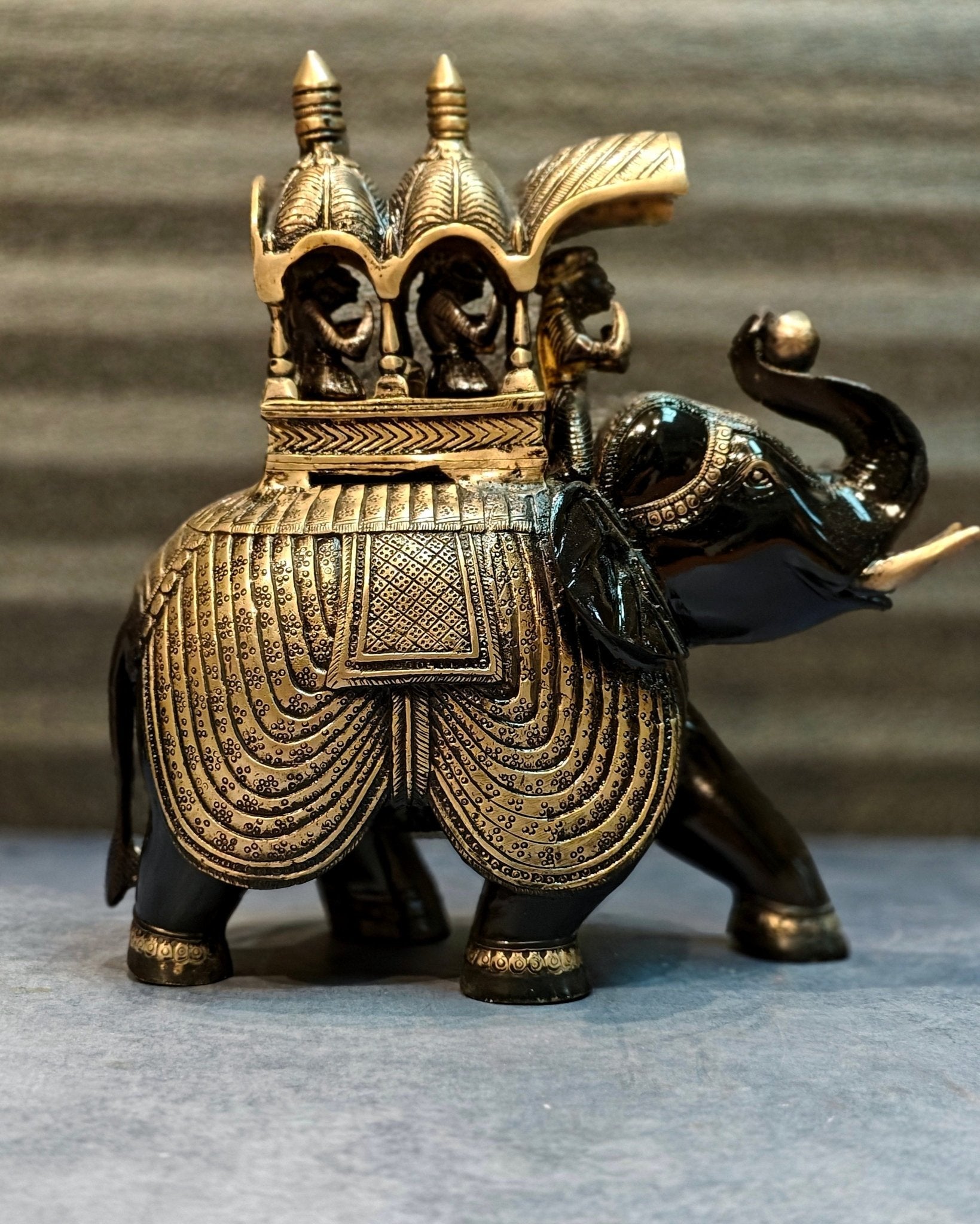 Brass Superfine Shiny Ambari Elephant with trunk up statue 12"