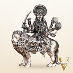 Brass Superfine silver plated Goddess Durga Ambe Mata Sitting on Lion - 6"
