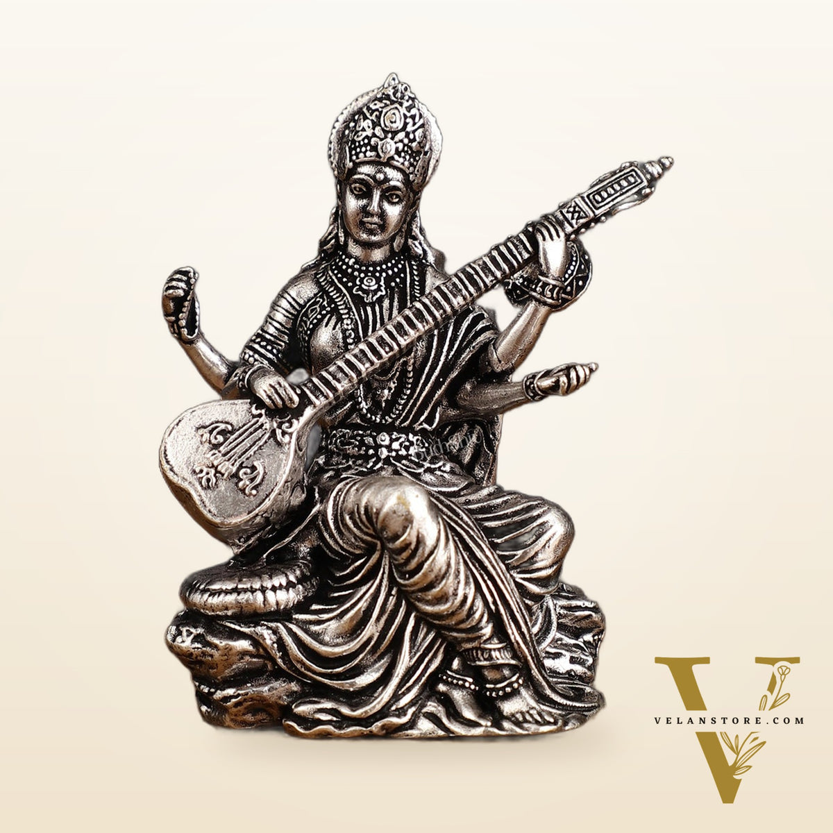 Brass Superfine Silver Plated Saraswati Miniature Idol - 3" Tall