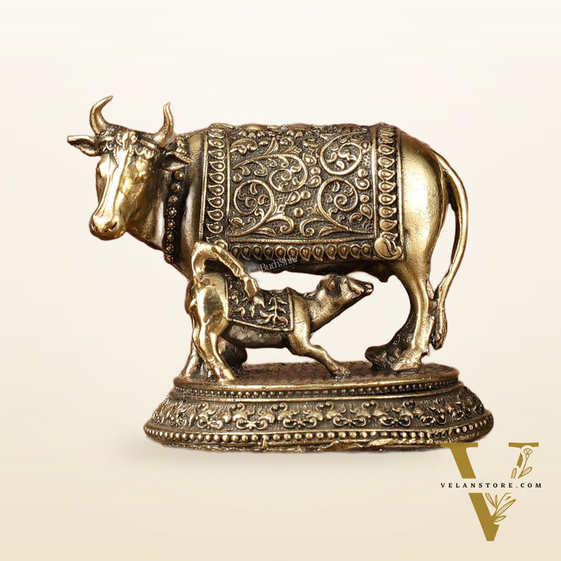 Brass superfine small Kamdhenu Cow with Calf Idol - 2" Tall