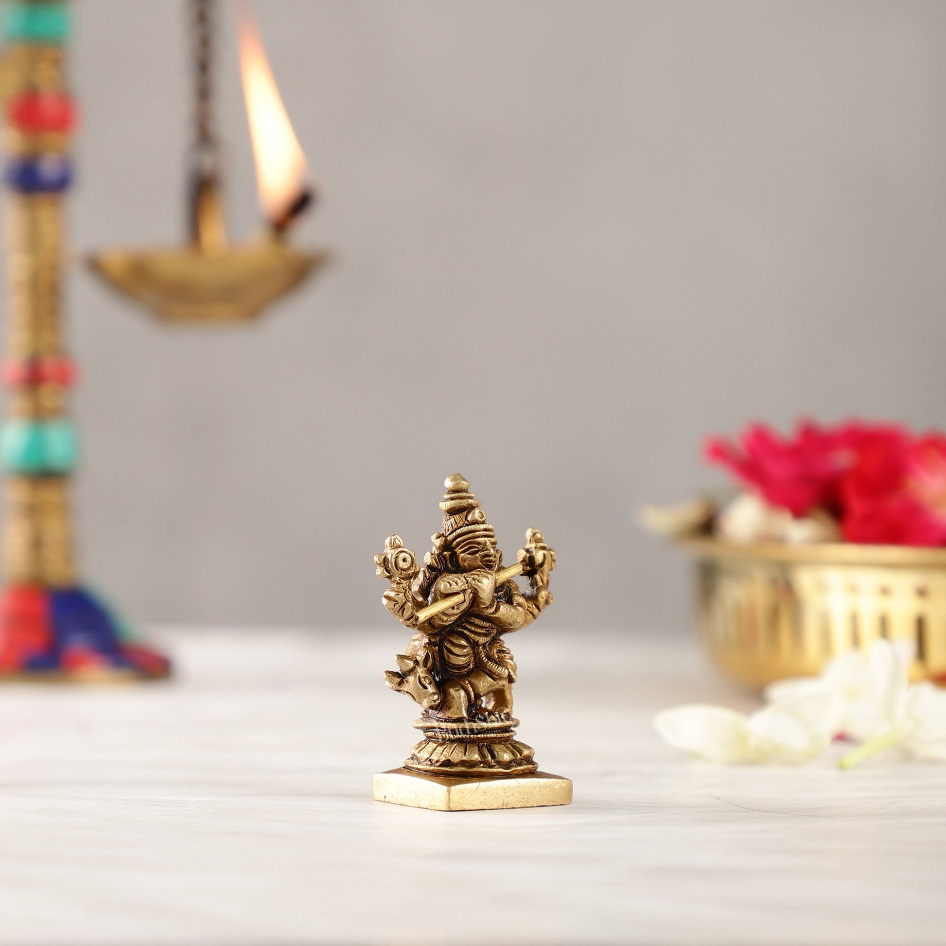 Brass Superfine Small Krishna with Cow Idol | Height 2 inch