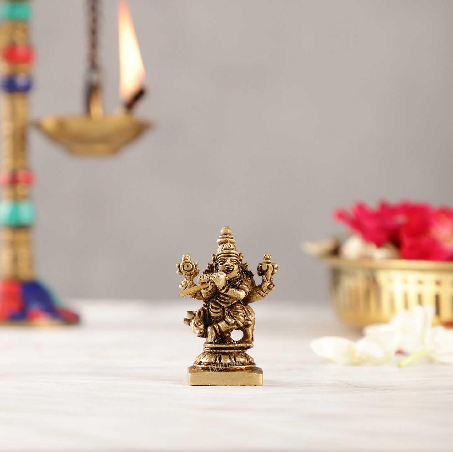 Brass Superfine Small Krishna with Cow Idol | Height 2 inch