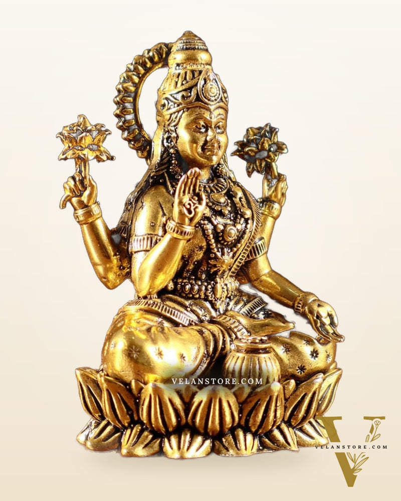 Brass Superfine Smiling Goddess Lakshmi Idol – Golden Tone
