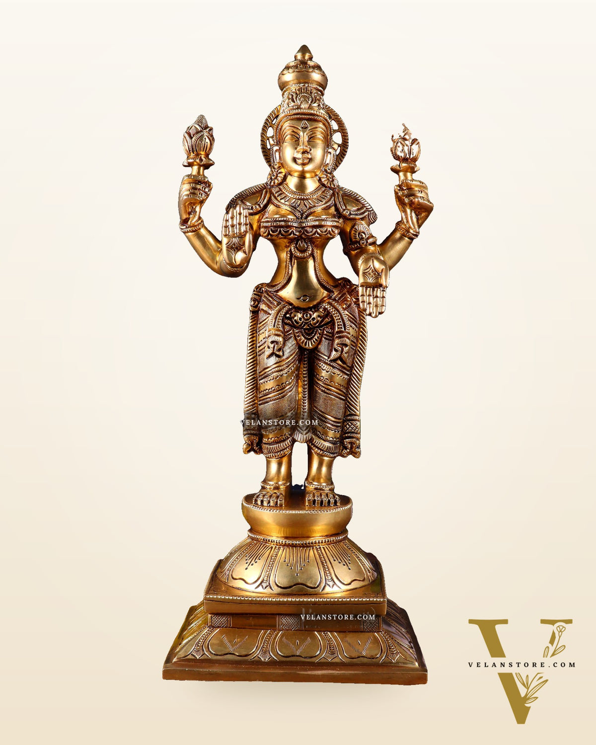 Brass Superfine Standing Goddess Lakshmi Statue – Highly Detailed 17 inch