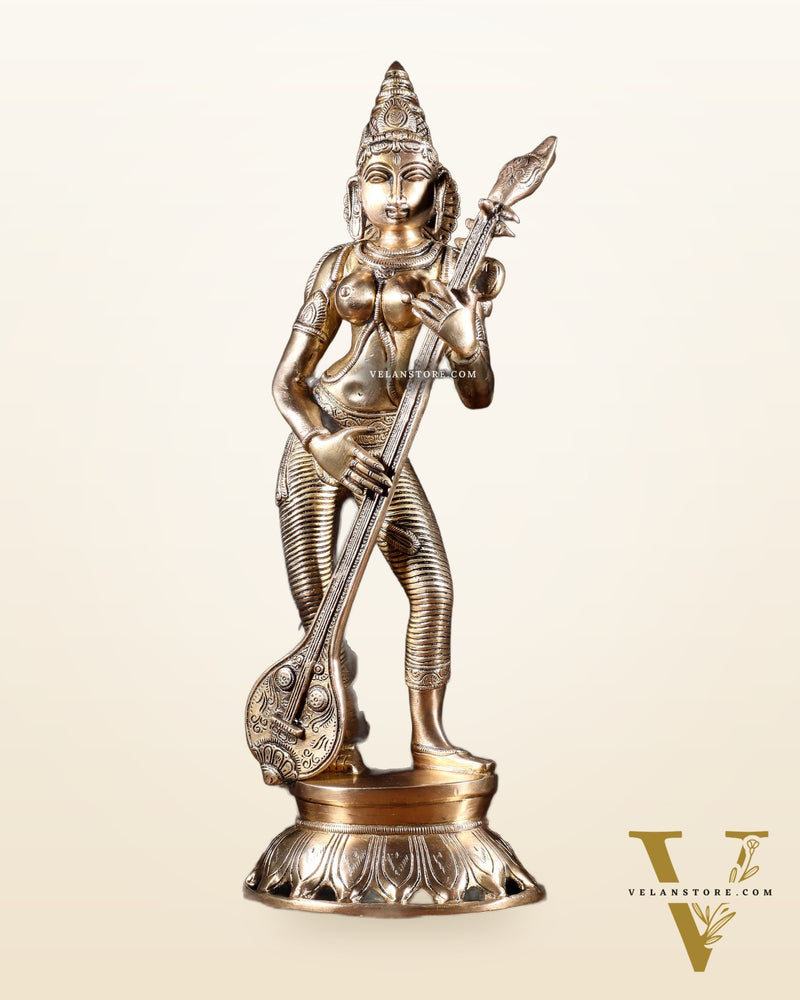 Brass Superfine Standing Goddess Saraswati Idol – 18" Height, Unique Design