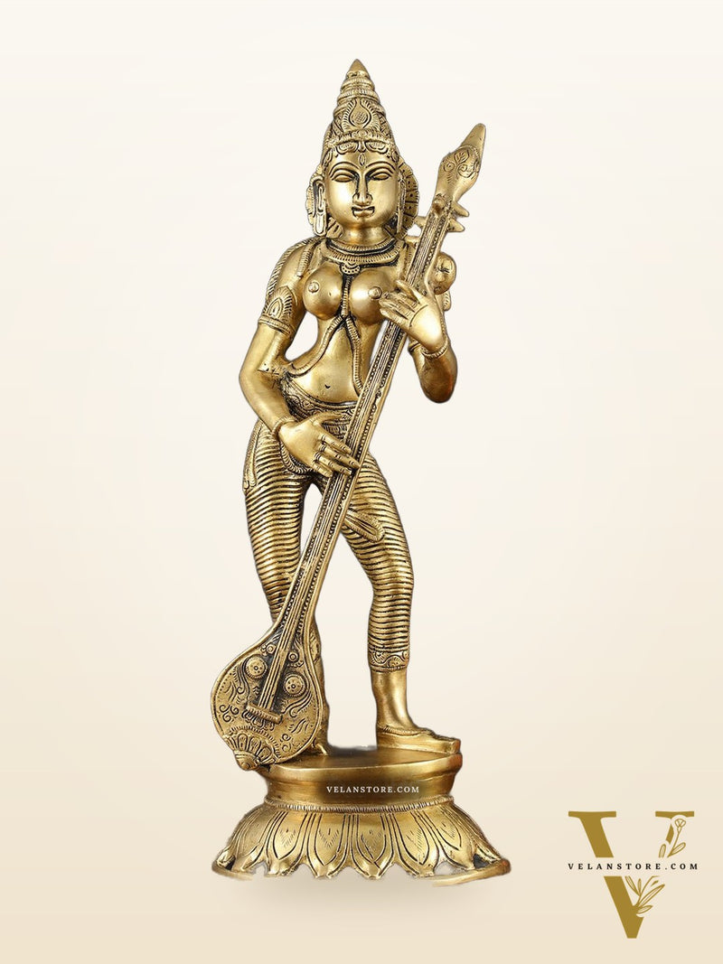 Brass Superfine Standing Goddess Saraswati Idol – 18" Height, Unique Design