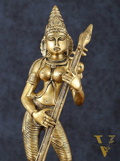 Brass Superfine Standing Goddess Saraswati Idol – 18" Height, Unique Design