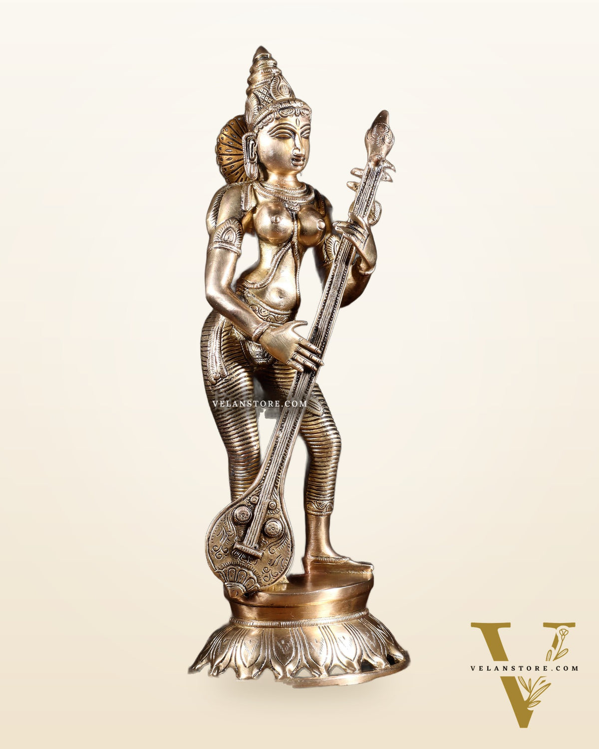 Brass Superfine Standing Goddess Saraswati Idol – 18" Height, Unique Design