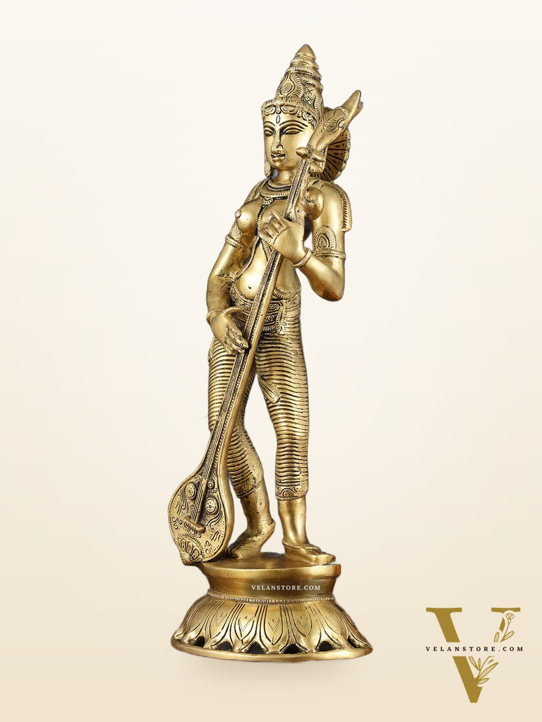 Brass Superfine Standing Goddess Saraswati Idol – 18" Height, Unique Design