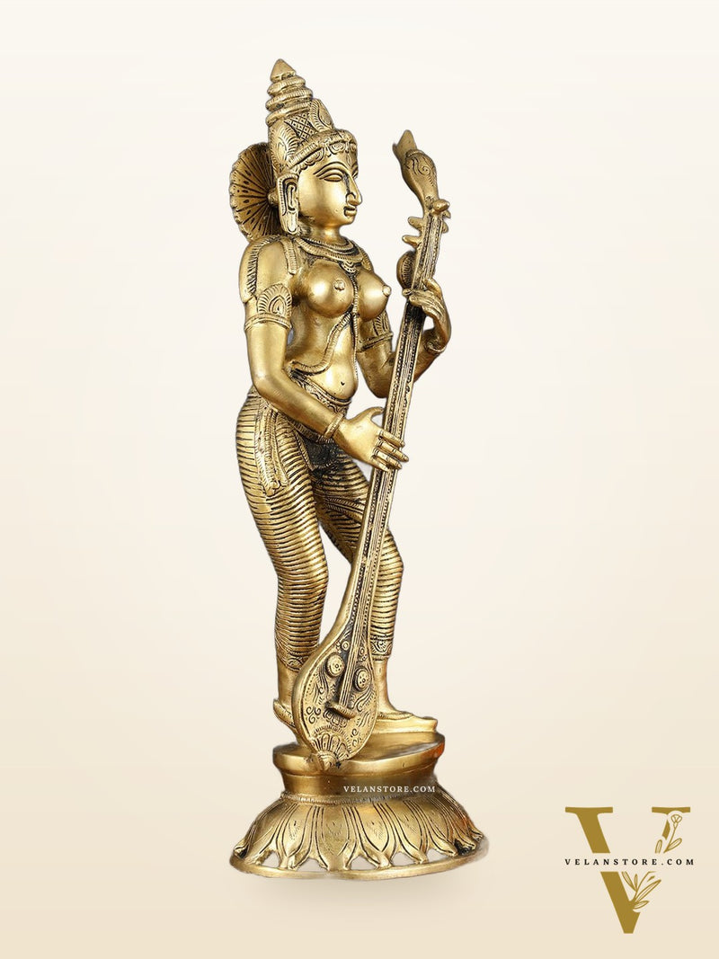 Brass Superfine Standing Goddess Saraswati Idol – 18" Height, Unique Design