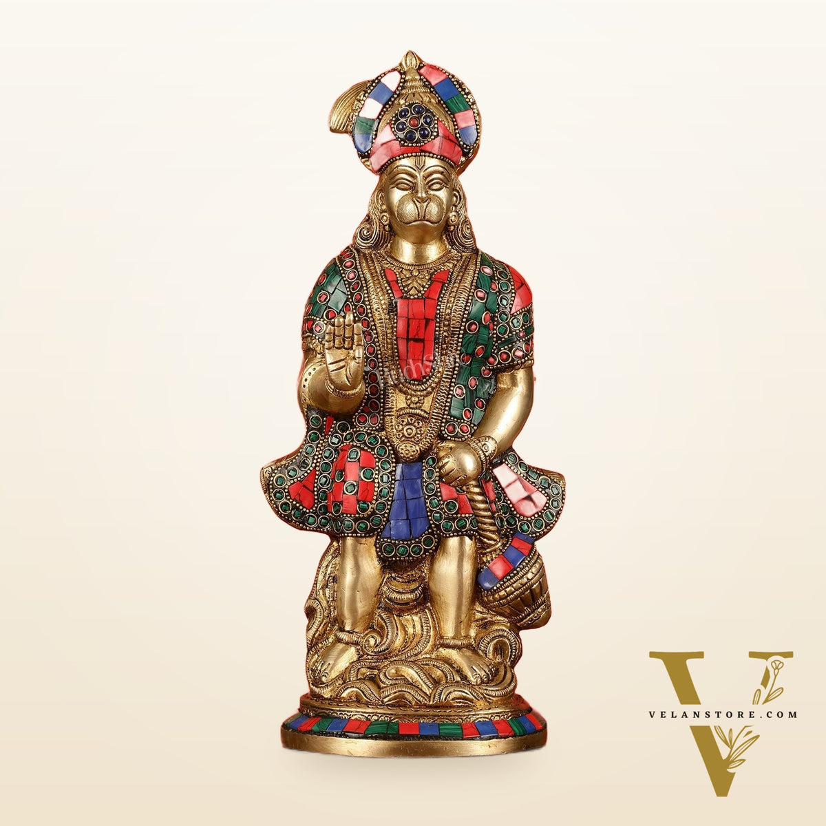 Brass Superfine Standing Hanuman Idol with Stonework - 13"