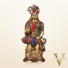 Brass Superfine Standing Hanuman Idol with Stonework - 13"