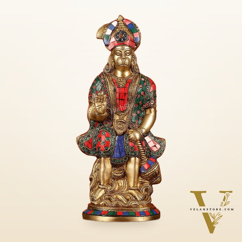 Brass Superfine Standing Hanuman Idol with Stonework - 13"