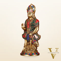 Brass Superfine Standing Hanuman Idol with Stonework - 13"