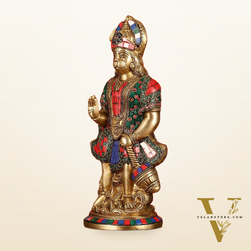 Brass Superfine Standing Hanuman Idol with Stonework - 13"