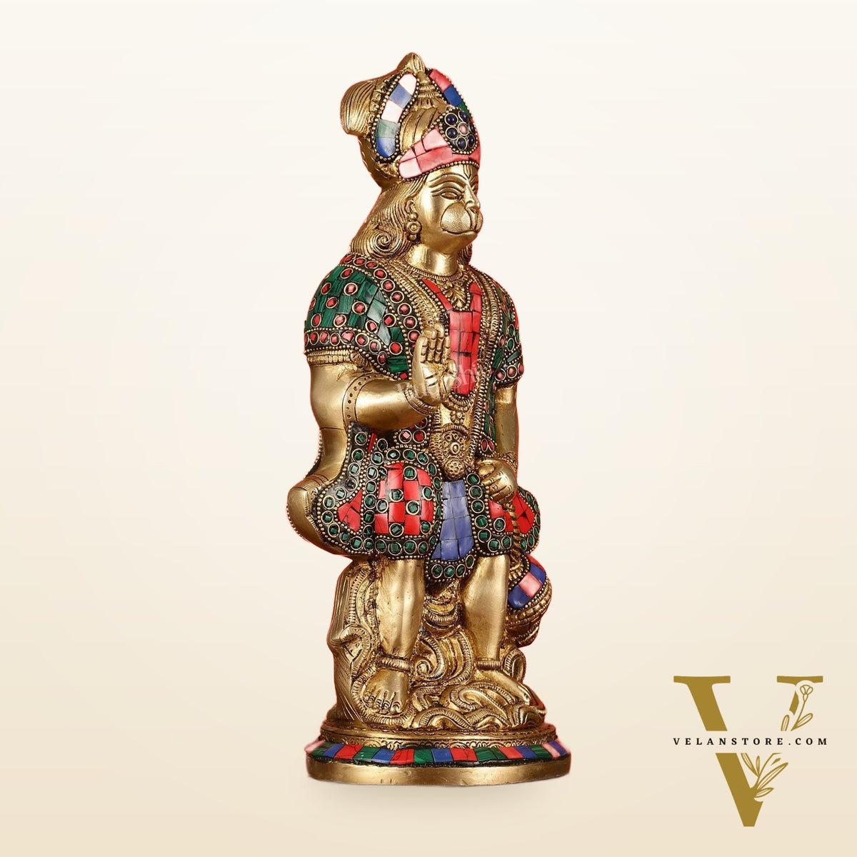 Brass Superfine Standing Hanuman Idol with Stonework - 13"