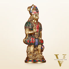 Brass Superfine Standing Hanuman Idol with Stonework - 13"