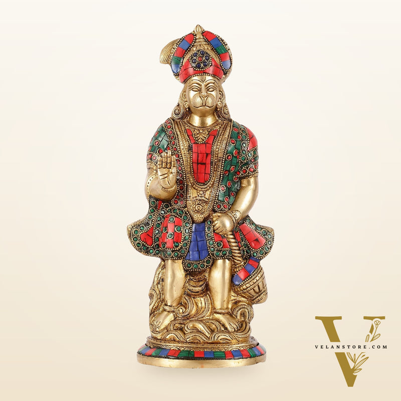 Brass Superfine Standing Hanuman Idol with Stonework - 13"