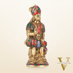 Brass Superfine Standing Hanuman Idol with Stonework - 13"