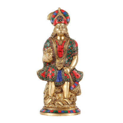 Brass Superfine Standing Hanuman Idol with Stonework - 13"
