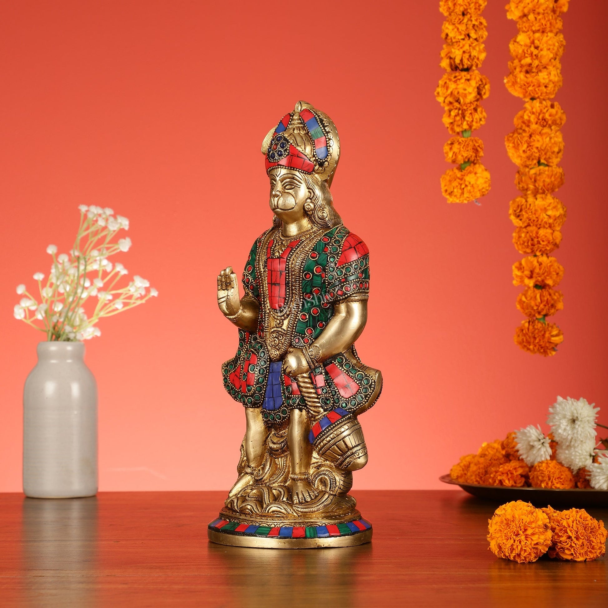 Brass Superfine Standing Hanuman Idol with Stonework - 13"