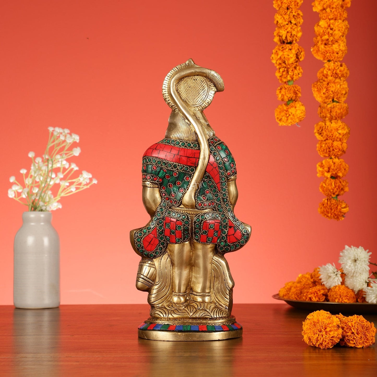 Brass Superfine Standing Hanuman Idol with Stonework - 13"