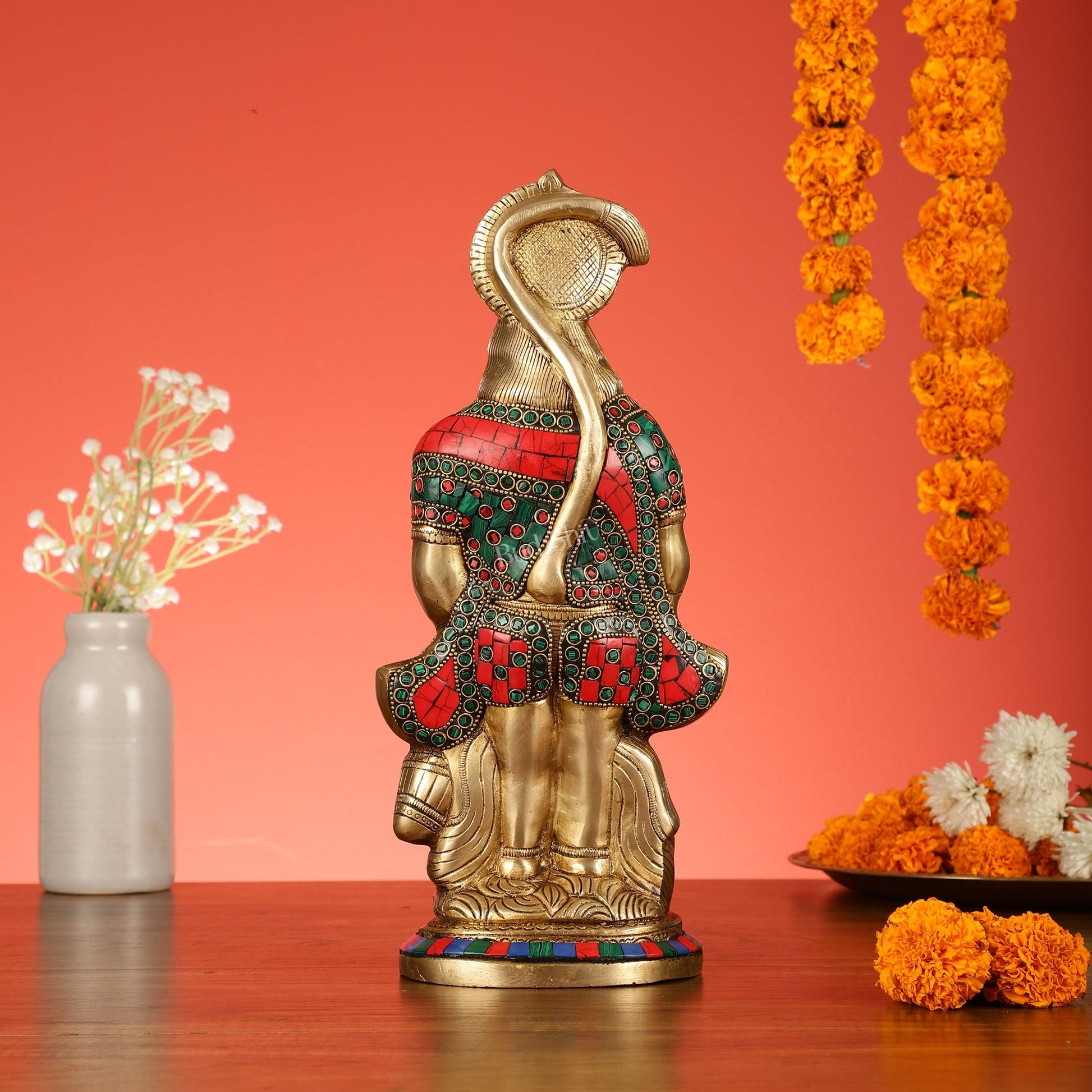Brass Superfine Standing Hanuman Idol with Stonework - 13"