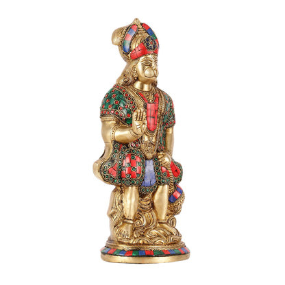 Brass Superfine Standing Hanuman Idol with Stonework - 13"