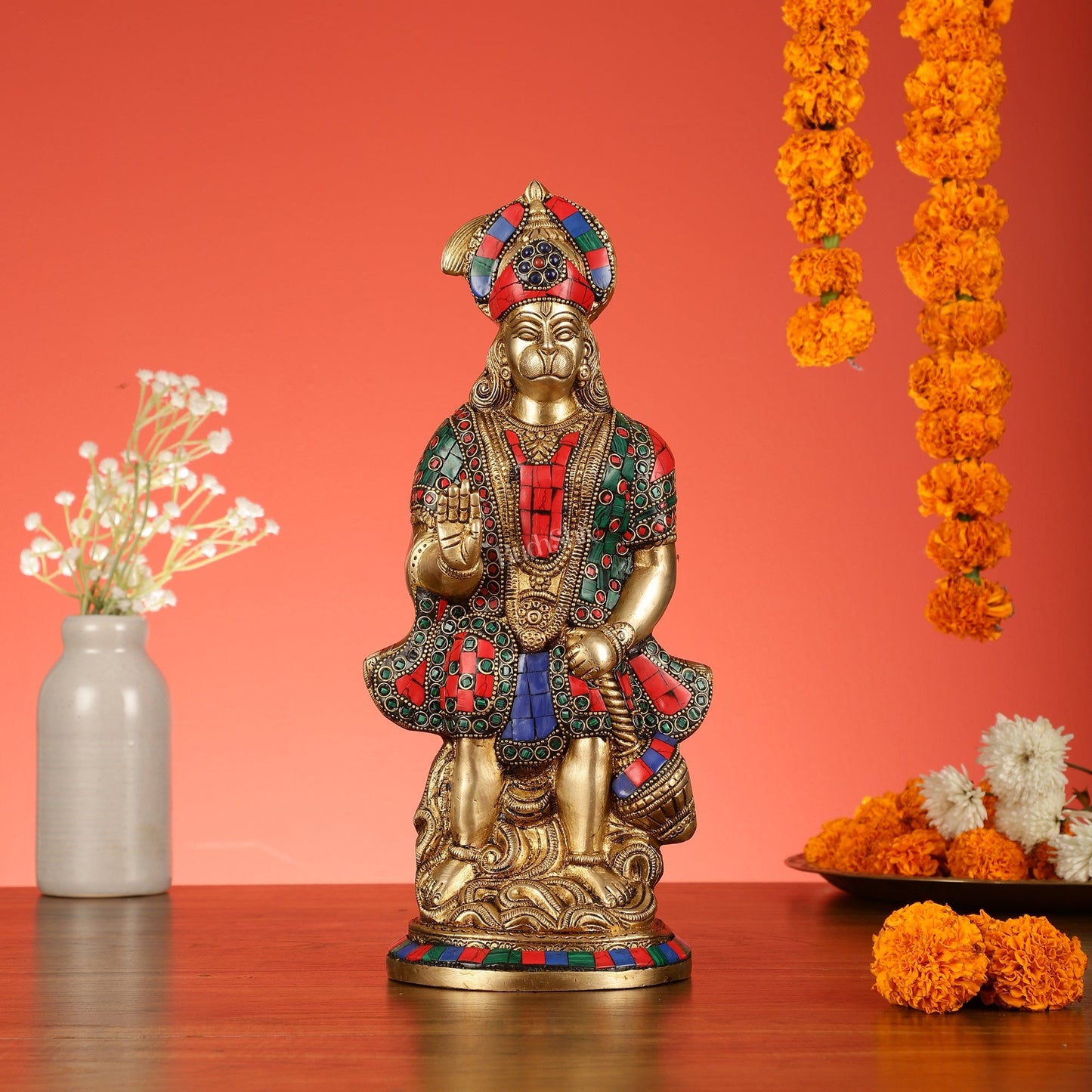 Brass Superfine Standing Hanuman Idol with Stonework - 13"