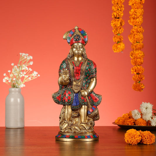 Brass Superfine Standing Hanuman Idol with Stonework - 13"