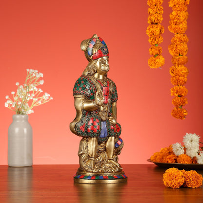 Brass Superfine Standing Hanuman Idol with Stonework - 13"