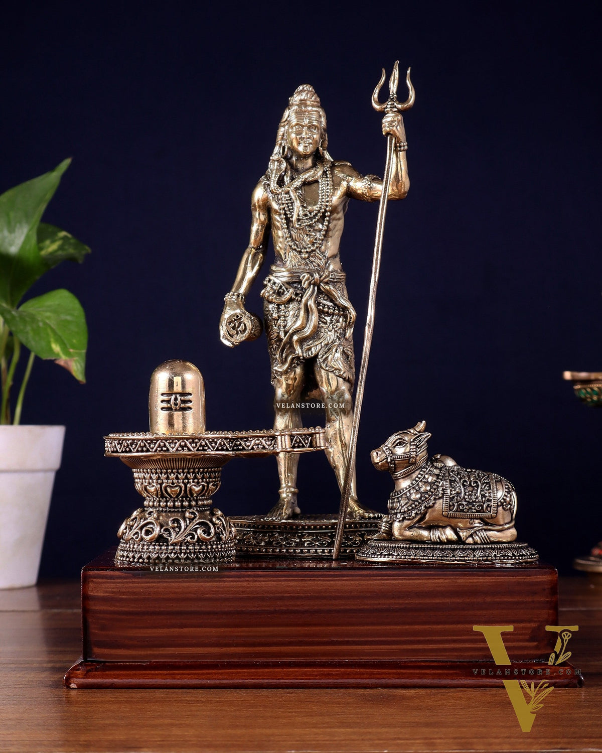 Brass Superfine Standing Lord Shiva with Nandi & Shivling – Wooden Base (9.5 Inch)