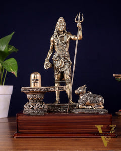 Brass Superfine Standing Lord Shiva with Nandi & Shivling – Wooden Base (9.5 Inch)