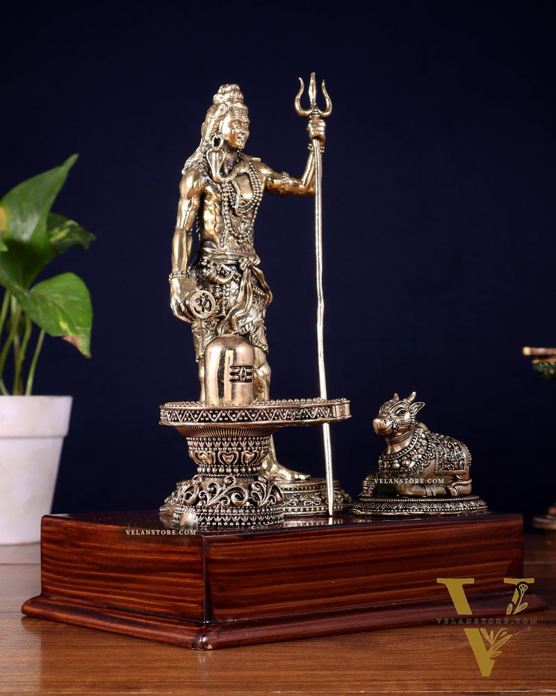 Brass Superfine Standing Lord Shiva with Nandi & Shivling – Wooden Base (9.5 Inch)